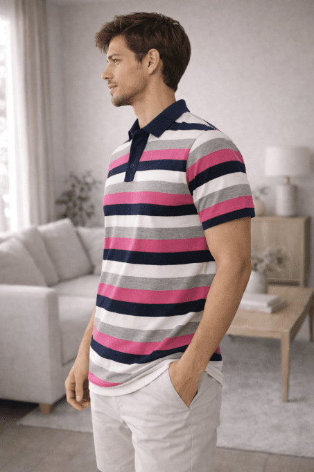 Polo homme rayé marine/rose/gris – 100% coton