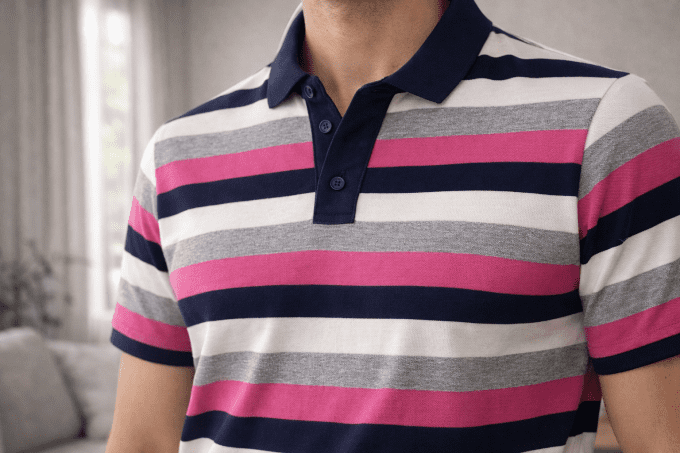 Polo homme rayé marine/rose/gris – 100% coton