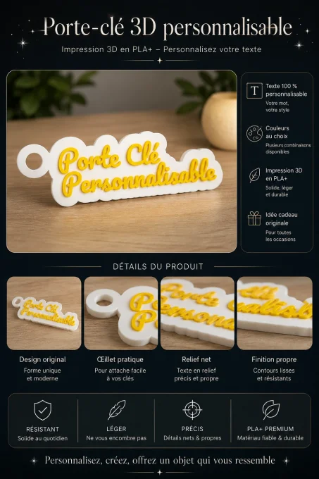 Infographie explicative présentant un porte-clé 3D personnalisable en PLA plus blanc et jaune avec d