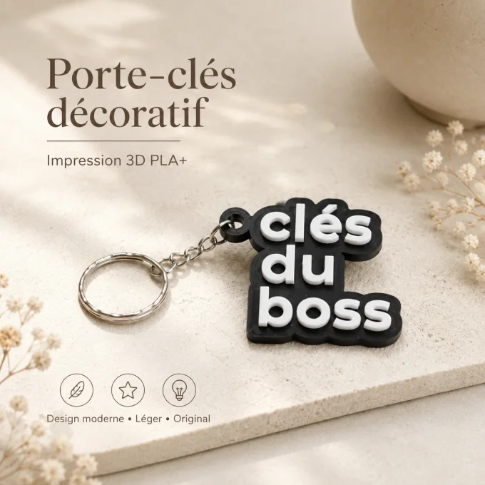 Porte-cles decoratif en impression 3D noir et blanc avec l inscription en relief cles du boss