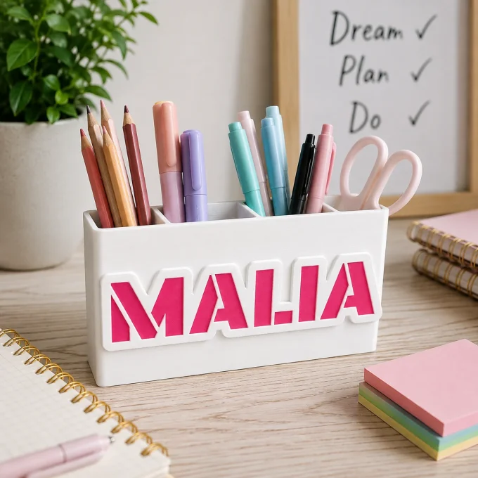 Pot à crayons personnalisé à 3 compartiments utilisé sur un bureau