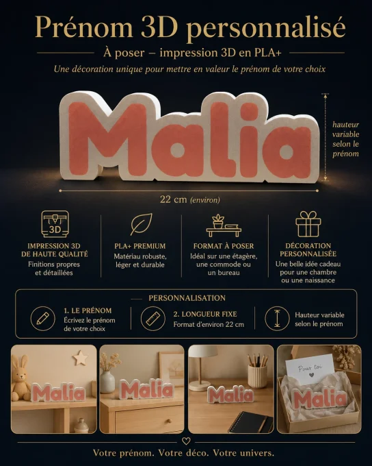 Infographie de présentation pour prénom 3D personnalisé à poser en plastique PLA plus, illustrant le