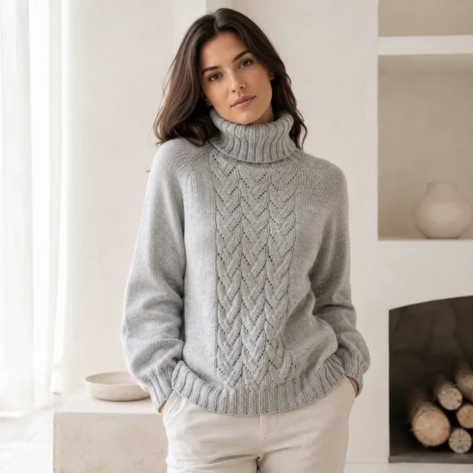 Mise en situation IA du pull femme gris à col roulé et motif torsadé dans un intérieur lumineux.