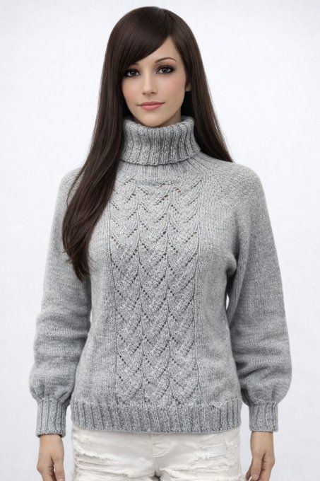 Pull col roulé gris motif torsadé, maille douce