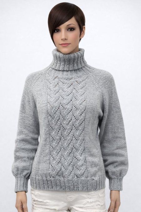 Pull col roulé gris motif torsadé, maille douce