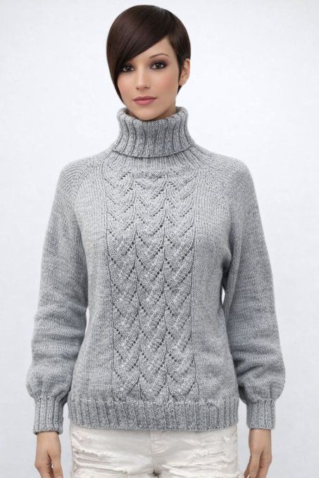 Pull col roulé gris motif torsadé, maille douce