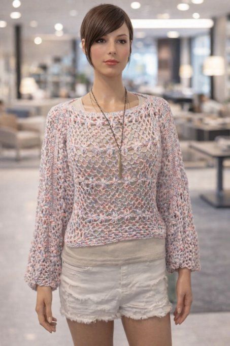Pull crochet multicolore pastel ajouré, manches bouffantes