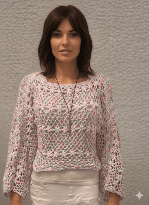Pull crochet multicolore pastel ajouré, manches bouffantes