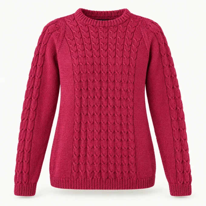 Pull femme framboise tricoté main en mérinos et cachemire – M 38/40