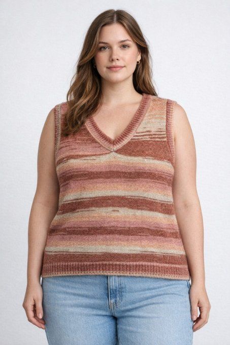 Pull sans manches Ardene en maille rayée rose, beige et marron avec col V, taille XL