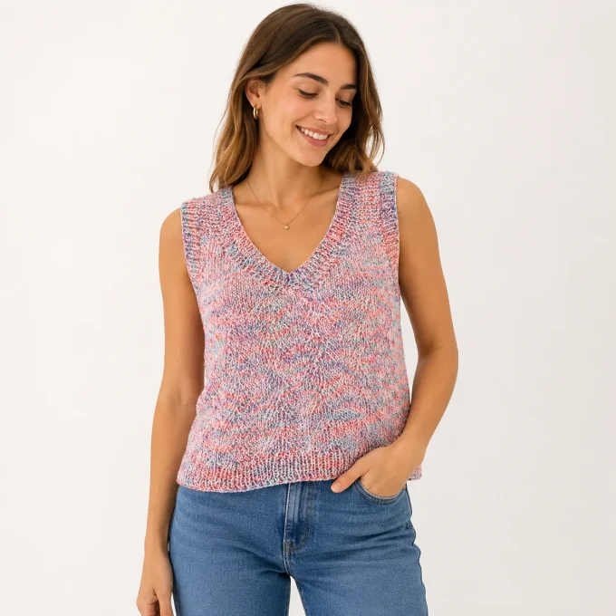 Pull sans manches en tricot léger multicolore pastel avec col en V pour femme, porté avec un jean pa