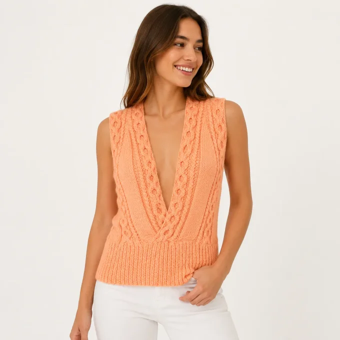 Pull sans manches en tricot couleur pêche abricot avec grand décolleté en V plongeant et détails de 