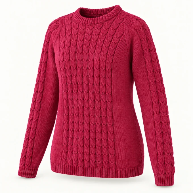 Pull femme framboise tricoté main en mérinos et cachemire – M 38/40