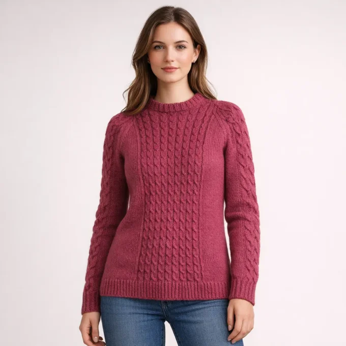 Pull col rond pour femme en laine merinos et cachemire bordeaux a torsades porte de face
