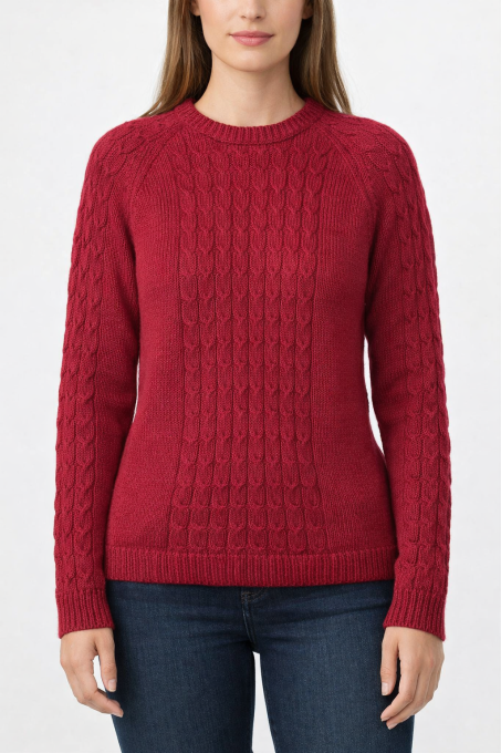 Pull femme rouge framboise fait main mérinos cachemire Inacio Creations M 38/40