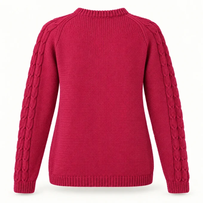 Pull femme framboise tricoté main en mérinos et cachemire – M 38/40
