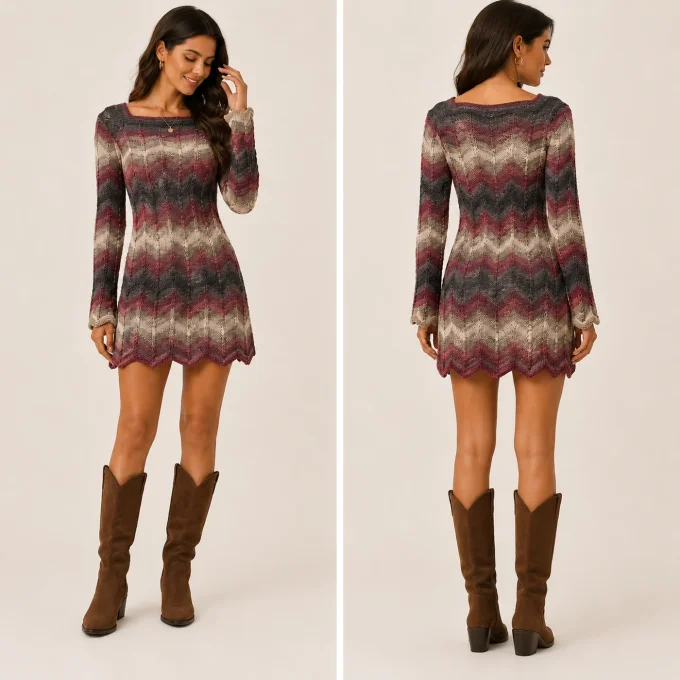 Robe femme tricotée fait main motif chevron – 36/38
