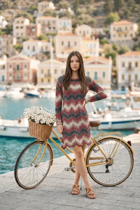 Robe courte en tricot a motif chevrons bordeaux et gris porte par une femme pres d un velo