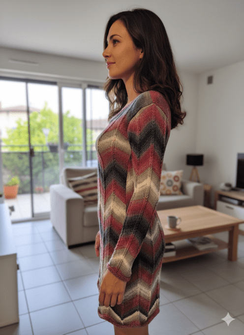 Robe en laine fait main motif chevron, tons chauds