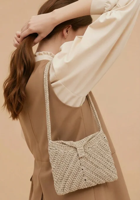 Sac a main bandouliere en crochet beige naturel avec motif tresse porte a l epaule par une femme