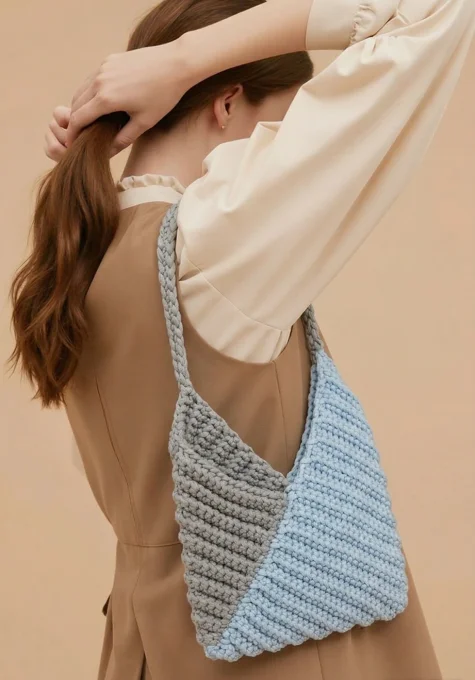 Sac a main bandouliere en crochet bicolore gris et bleu ciel porte a l epaule par une femme