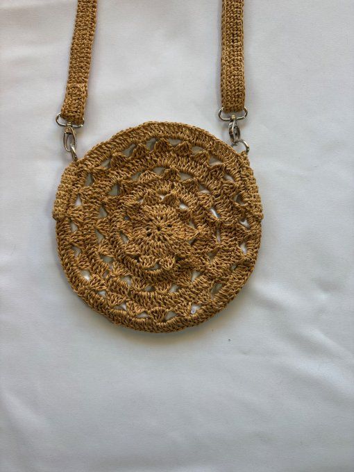 Sac rond femme en raphia au crochet camel