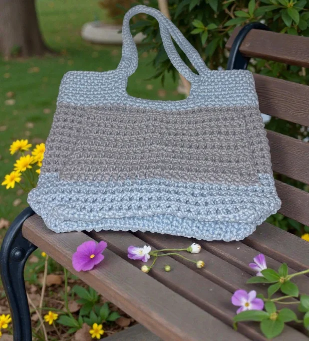 Sac cabas crocheté bleu ciel et gris fait main