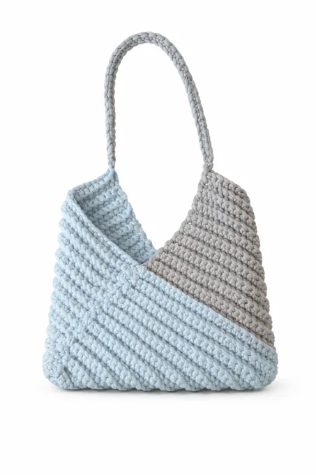 Sac porté épaule en crochet bleu pastel et gris fait main