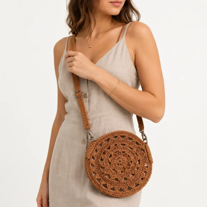 Petit sac rond en crochet de raphia couleur camel porté en bandoulière sur une robe beige, style boh