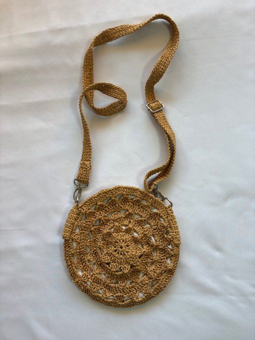Sac rond femme en raphia au crochet camel
