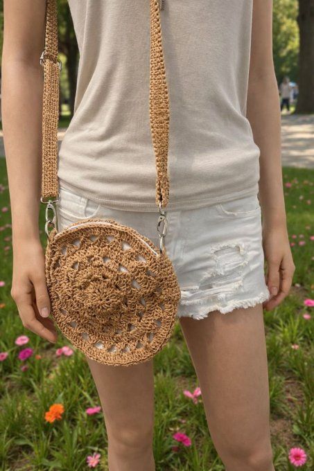 Sac rond femme en raphia au crochet camel