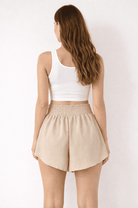 Short fluide taille haute smockée, polyester, Italie, 2 coloris