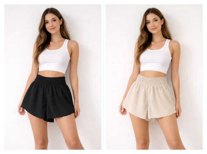 Montage montrant les deux coloris noir et beige du short fluide taille haute pour femme avec ceintur