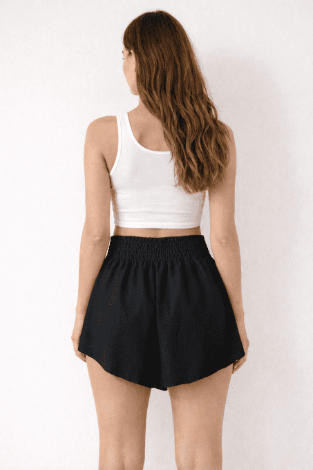 Short fluide taille haute smockée, polyester, Italie, 2 coloris