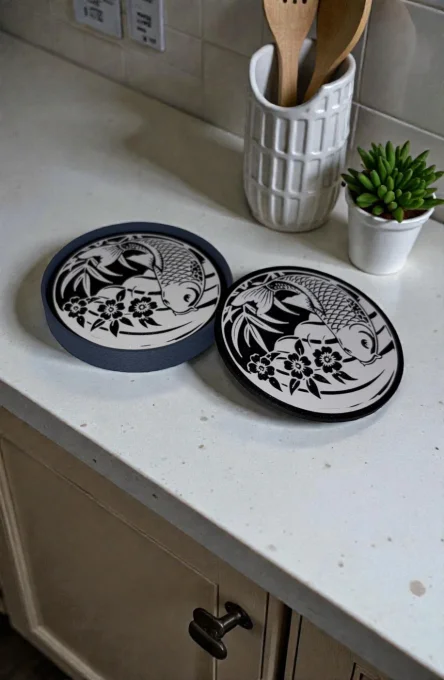 Lot de 4 sous-verres Poisson Koi en PLA – impression 3D, 10 × 10 cm
