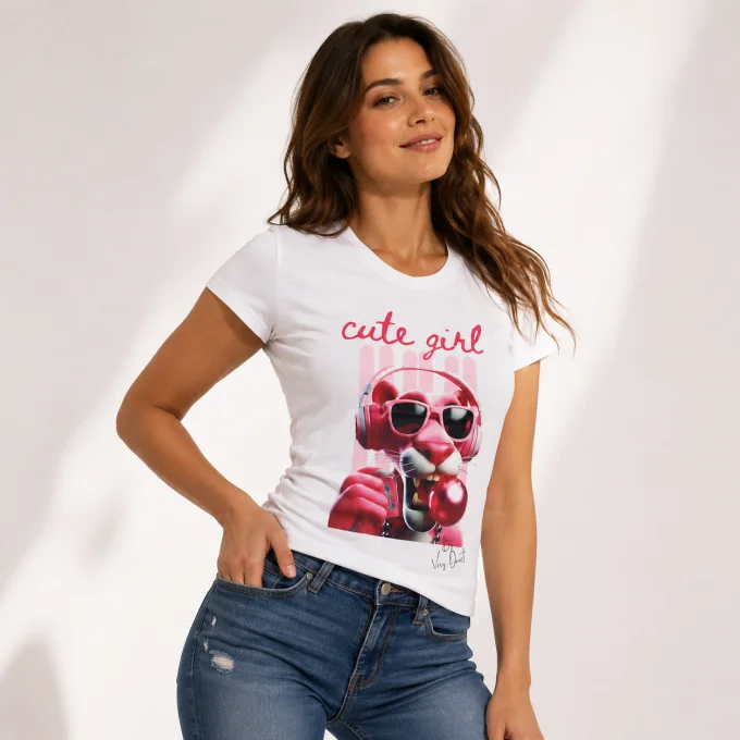 T-shirt femme blanc coton Very Ouest avec motif rose cute girl