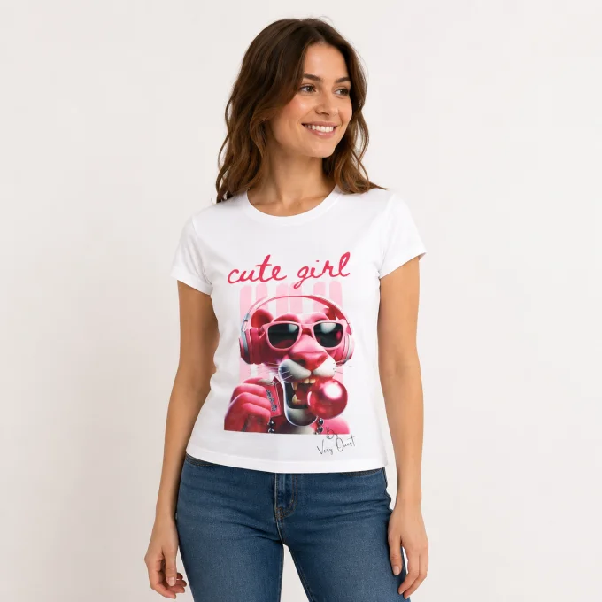 T-shirt femme blanc Very Ouest 100 % coton motif cute girl