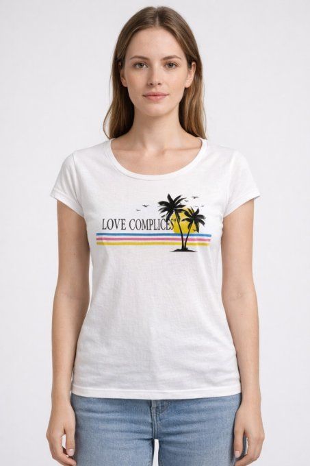 T-shirt femme Complices blanc avec imprimé tropical sur l’avant, vue à plat face, taille S