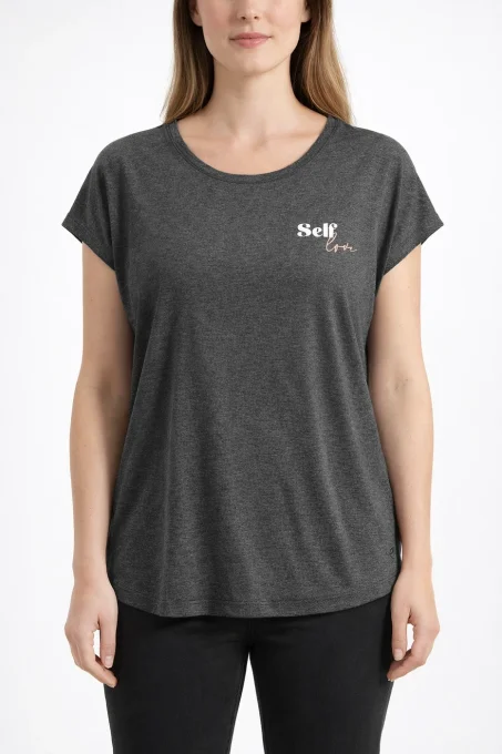 T-shirt sport femme gris chine Energetics avec inscription Self Love sur la poitrine vu de face