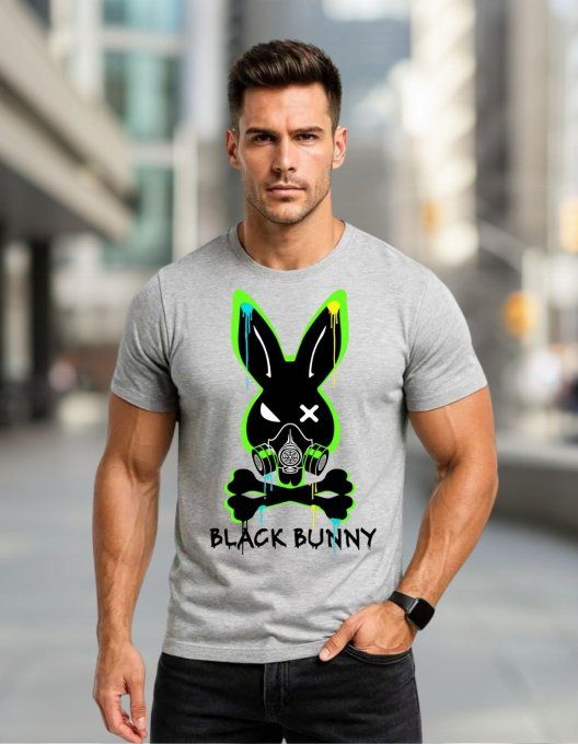 T-shirt homme streetwear gris Black Bunny – motif lapin, 90 % coton