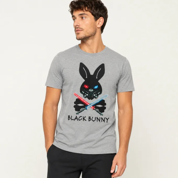 T-shirt homme gris Black Bunny neuf en 90 % coton avec motif lapin futuriste