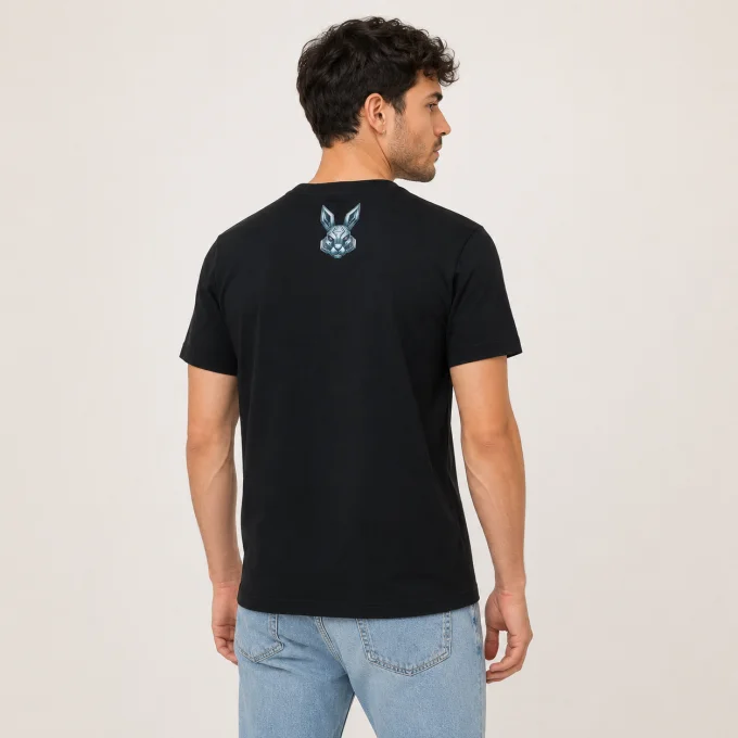 Mise en situation portée d’un t-shirt homme noir imprimé lapin robot