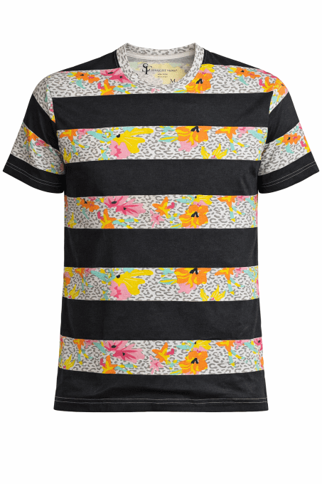 T-shirt Straight Faded taille M à rayures noires et imprimé floral multicolore, vue à plat
