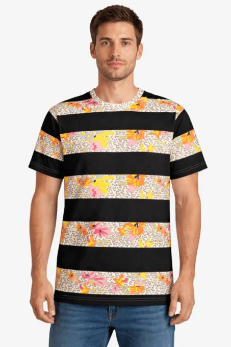 T-shirt Straight Faded taille M à rayures noires et imprimé floral multicolore, rendu porté compléme