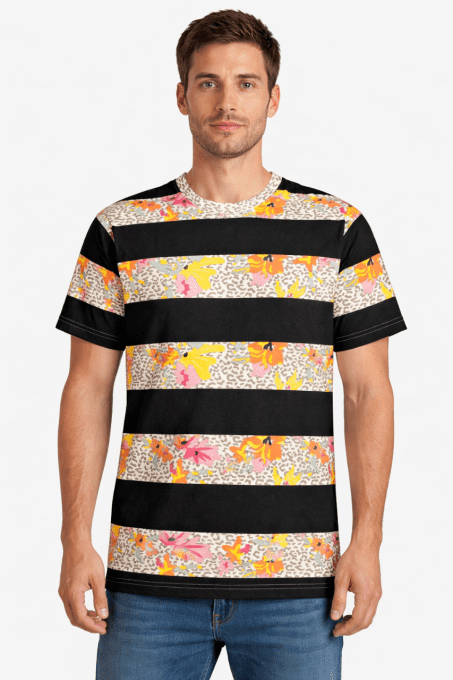 T-shirt Straight Faded taille M à rayures noires et imprimé floral multicolore, rendu porté compléme