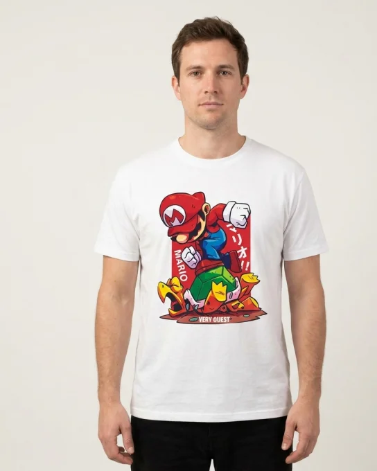 T-shirt blanc Very Ouest porté avec motif gaming rétro