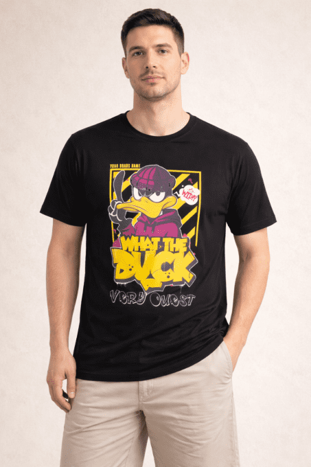 T-shirt noir “What The Duck” Very Ouest – graphisme pop urbain