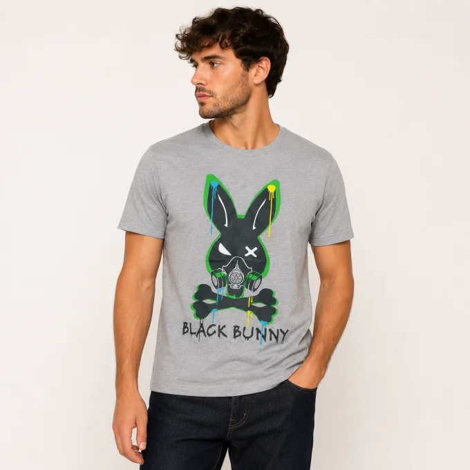 T-shirt homme gris chiné Black Bunny avec grand motif graphique devant