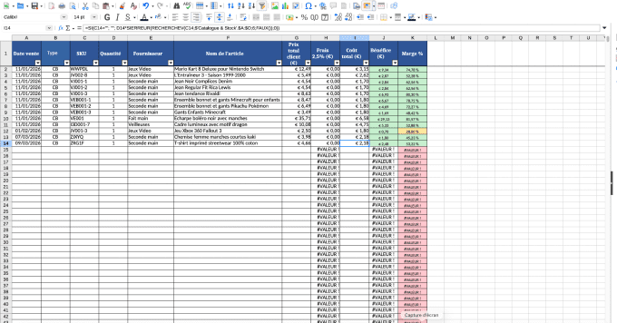 Pack Auto-Entrepreneur : Tarification + Stock & Ventes (XLSX)