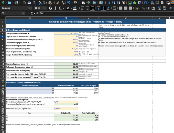 Pack Auto-Entrepreneur : Tarification + Stock & Ventes (XLSX)
